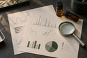 Two papers with abstract charts, amber sample bottles, and a magnifying glass on a dark surface.