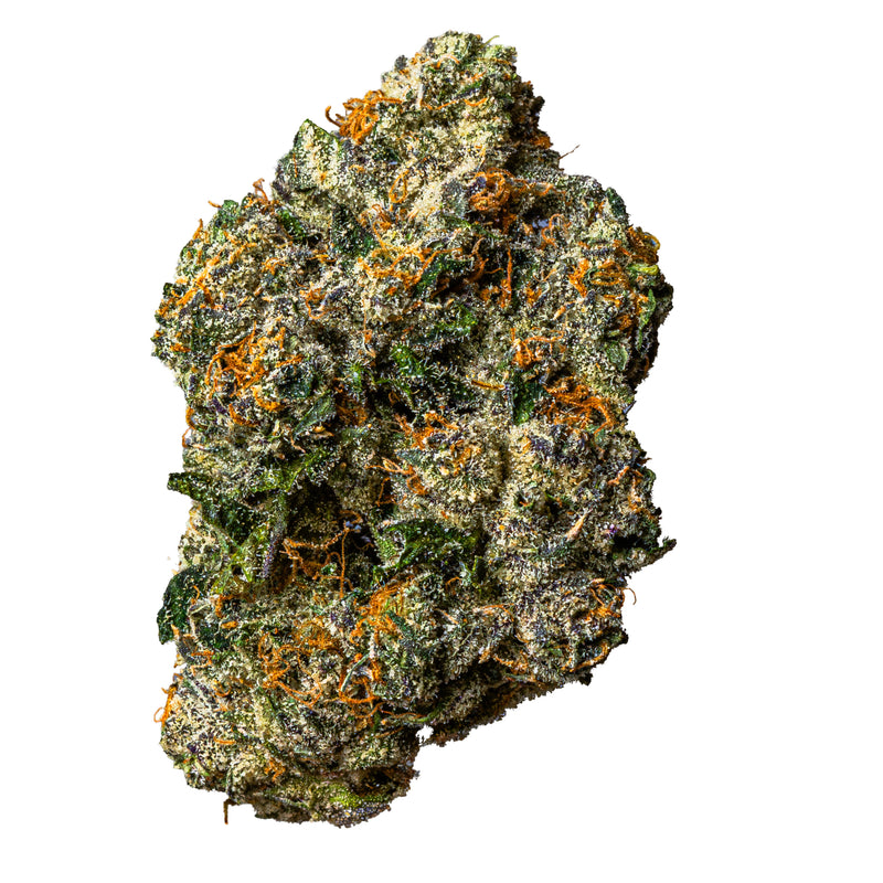Close-up of a cannabis bud with green and orange colors on a white background